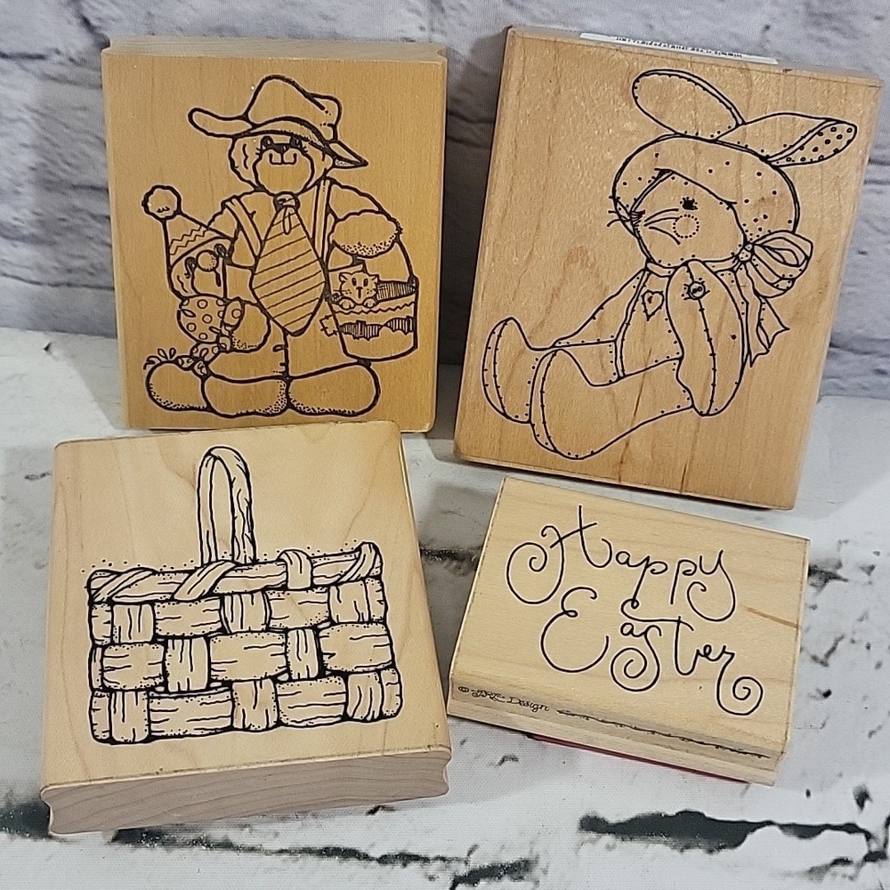 Vintage Rubber‎ Stamps Happy Easter Lot Of 4 Basket Bunny Rabbit Teddy Bear